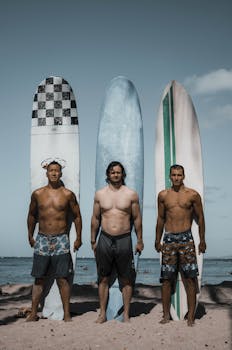 Three shirtless surfers holding surfboards on a sunny beach.