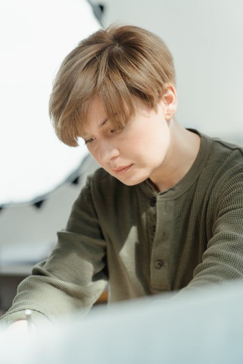 Boy in Gray Button Up Long Sleeve Shirt