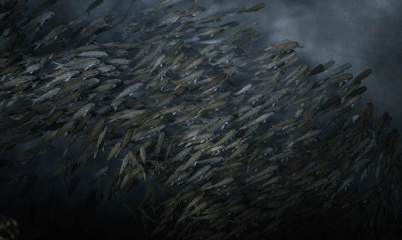 A mesmerizing view of a large school of fish swimming underwater, showcasing marine life dynamics.