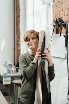 A cheerful woman holding rolls of fabric in a tailor's workspace with bright natural light.