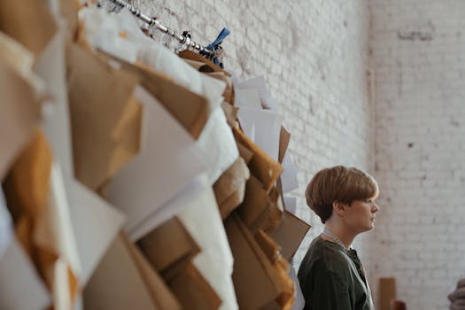A tailor in a studio surrounded by sewing patterns and materials against a brick wall.