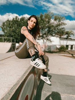 A stylish young woman with tattoos relaxes at an outdoor skate park on a sunny day.
