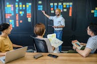 多元化的团队通过笔记和演示协作进行头脑风暴