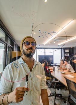 自信的商人在现代办公环境的玻璃板上制定战略想法