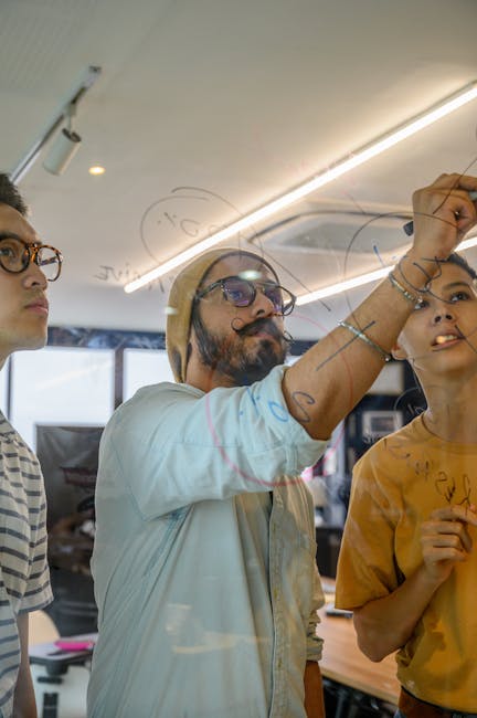 A dynamic, collaborative team meeting in a modern tech workspace.. Ketut Subiyanto pressed the shutter