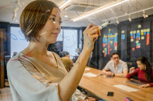Team members engaged in creative brainstorming session, writing on glass.