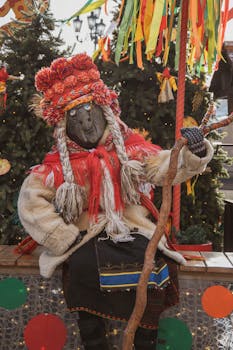 Vibrant Maslenitsa costume and decoration at Moscow winter festival.