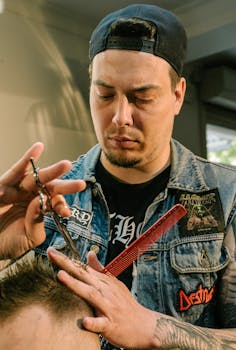 A focused barber expertly styles a client's hair in an indoor salon setting, showing precision and style.