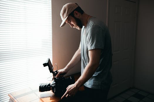 A videographer in a casual outfit adjusting a professional camera indoors, with natural light.