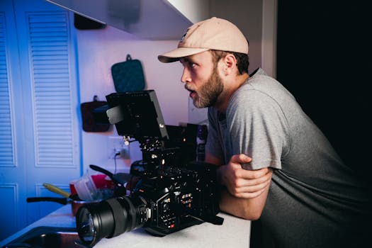 A male videographer leaning over a table, operating a professional video camera indoors.