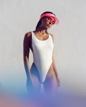Fashionable woman wearing a white swimsuit and pink visor against a minimalist background.