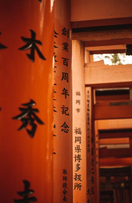 Close-up of traditional Torii gates with Japanese kanji in a Shinto shrine, Japan.