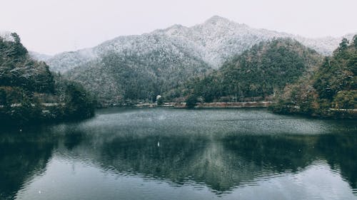 Picturesque landscape of snowy forested hills near calm lake