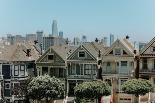 Captivating view of San Francisco's famous Victorian houses with city skyline in the background.