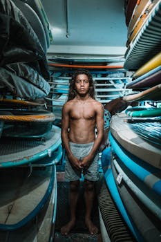 A shirtless young male surfer stands confidently between colorful stacked surfboards indoors.