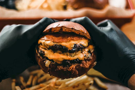 Closeup of a mouth-watering cheeseburger with fries, held by a person wearing black gloves.
