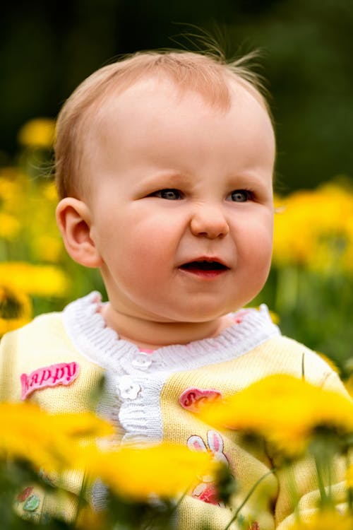 Cute toddler in blooming meadow in daytime