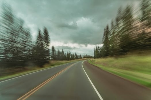 Blurred motion of a winding forest road under cloudy skies captured at dawn.