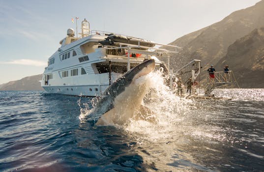 A thrilling scene of a great white shark breaching near a yacht in Mexico's waters.