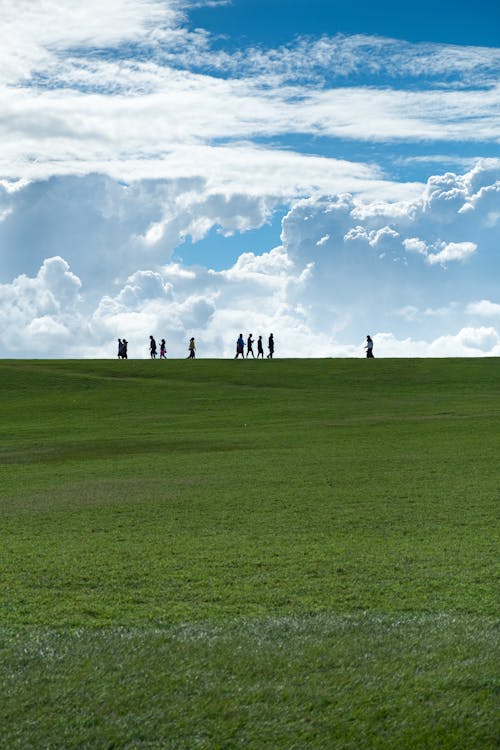 People Standing on Green Grass Field Under White Clouds and Blue Sky