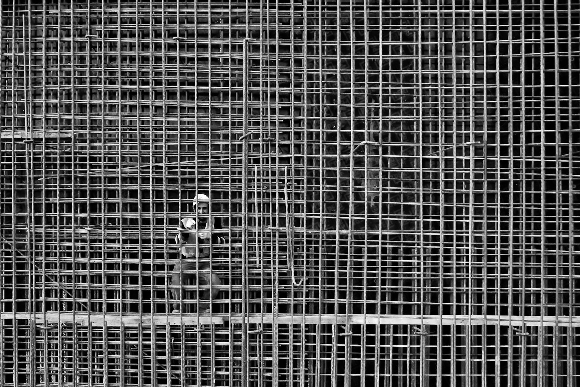 Man Working On Steel Bars Reinforcement In A Construction