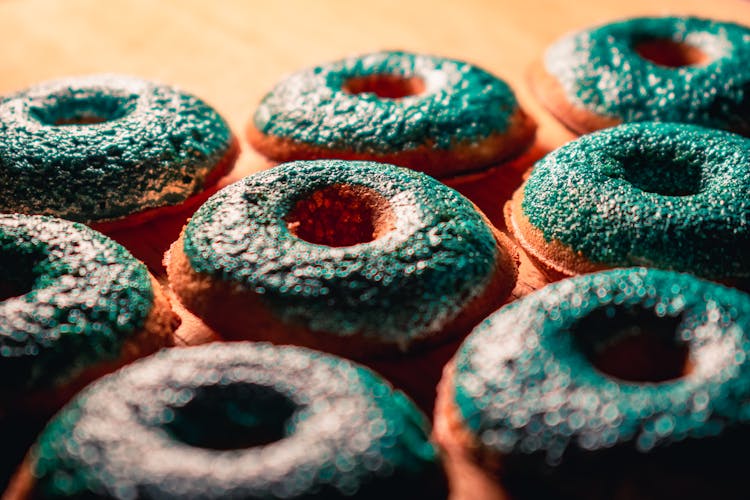 Close-up Shot Of Blue Green Colored Donut