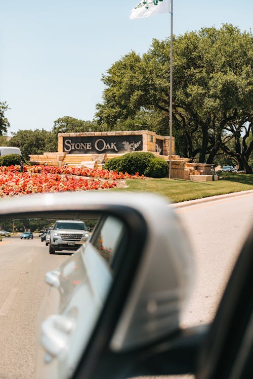 Free View of Stone Oak Neighborhoods from the Window of a Car Stock Photo