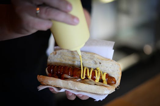 Close-up of mustard being added to a delicious grilled sausage hot dog.