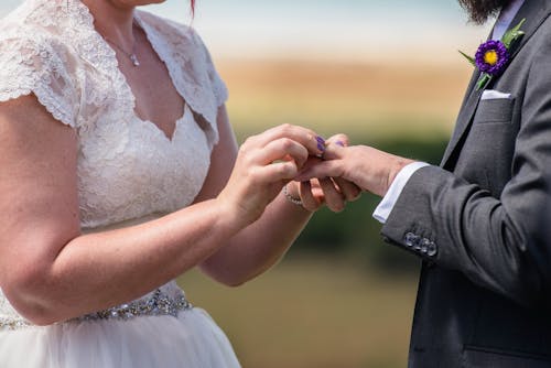 Bride and groom exchanging wedding rings during ceremony