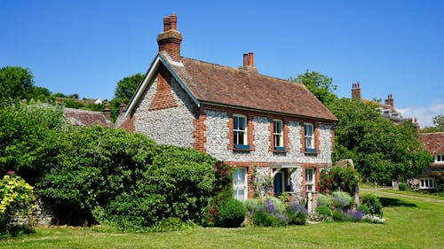 무료 나무 근처 흰색과 갈색 콘크리트 2 층 집 스톡 사진
