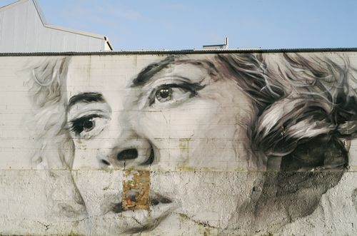 Free A detailed mural of a woman's face painted on an urban building wall. Stock Photo