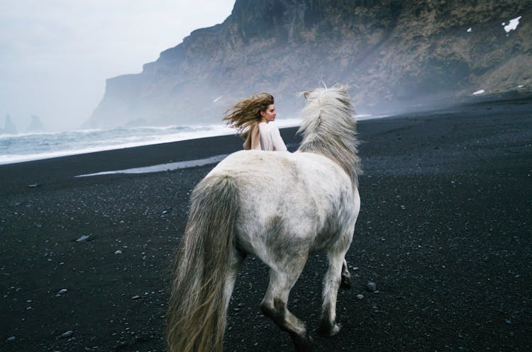 Woman And White Horse On Beach