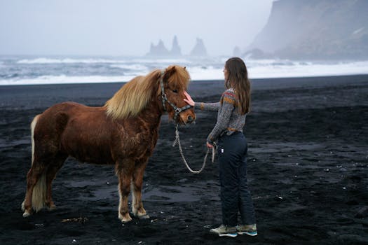 Woman with horse on a black sand beach with misty ocean backdrop.