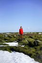 Woman Standing on Moss Covered Rocks