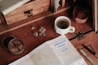 Map, Cup and Compass on Table