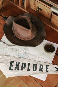 Close-up of a hat, map, and compass on a wooden table, embodying exploration.