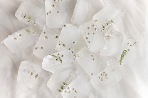 Darmowe zdjęcie z galerii z biała tkanina, białe kwiaty, kostki lodu