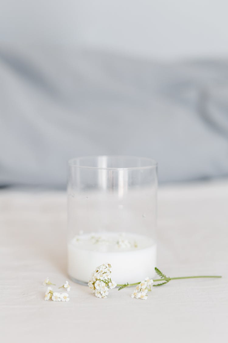 A Glass Of Milk And Baby's-Breath Flowers