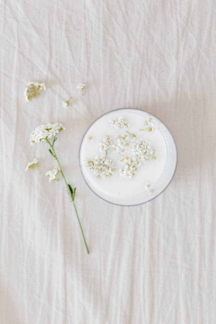 A Glass Of Milk With Baby's-Breath Flowers