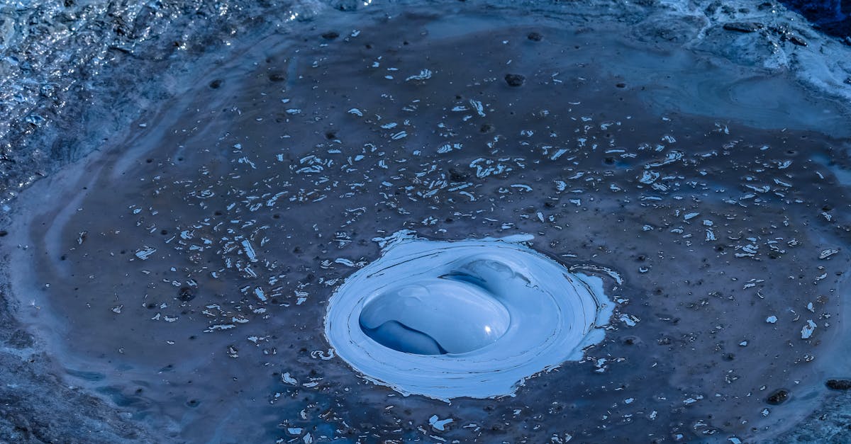 Dynamic image of a bubbling blue mud pool showcasing natural geothermal activity.