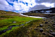 高山景色优美，绿草如茵，积雪皑皑，天空充满活力