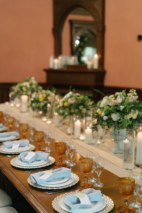 Wedding Table Setting on a Long Wooden Table