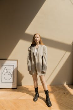 Fashionable woman in oversize blazer standing in sunlit room.