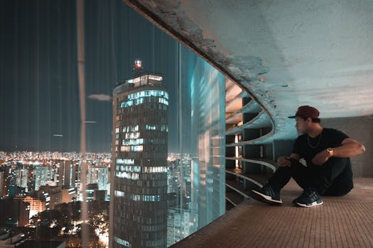 夜晚，一个人坐在屋顶上，俯瞰着灯火通明的摩天大楼