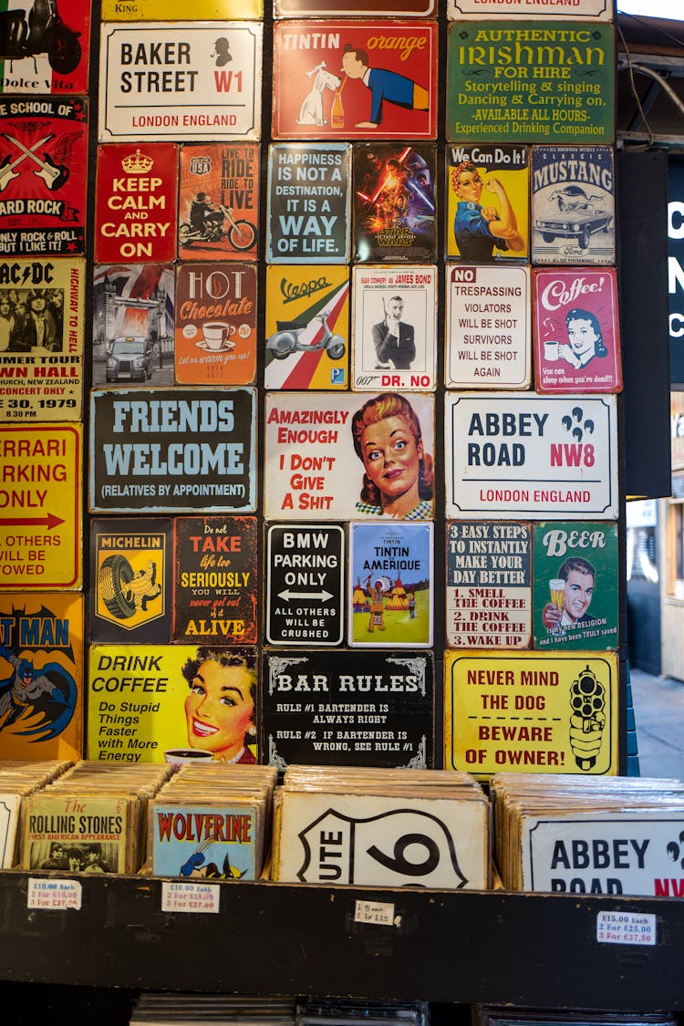 Colorful Display Of Retro Tin Signs