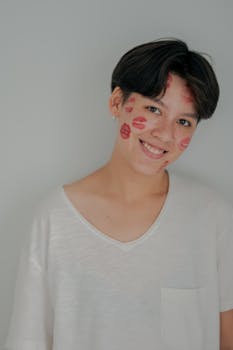 一个面带微笑、唇印清晰的人像，洋溢着喜悦之情