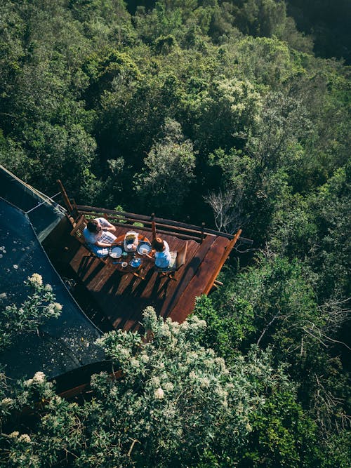 Top View Photo of Couple Eating Breakfast on Treehouse