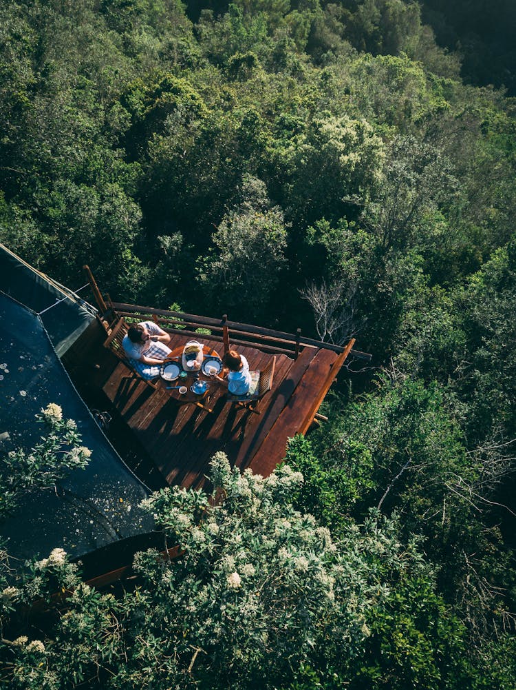 Top View Photo Of Couple Eating Breakfast On Treehouse