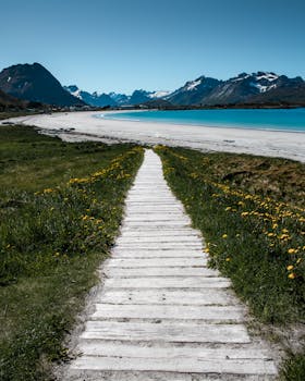 Beautiful coastal pathway in Norway with mountains and beach scenery.