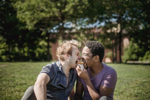 Free Two Men Sharing Food and Sitting on the Grass Stock Photo